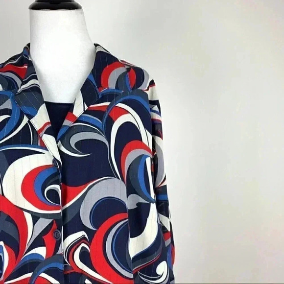 Maggie Barnes Womens top blue white red geometric button down - Picture 1 of 9